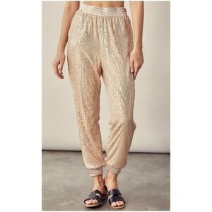 Mustard Seed Champagne Sequin Joggers High Waisted Party Pants Large Lined NWT